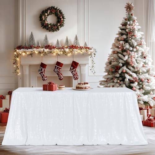 Poise3EHome White Sequin Tablecloth 60×120 Inch Rectangle Sparkly Fabric Table Cloth for Birthday Wedding Party Holiday Baby Shower Christmas Decoration by Poise3EHome