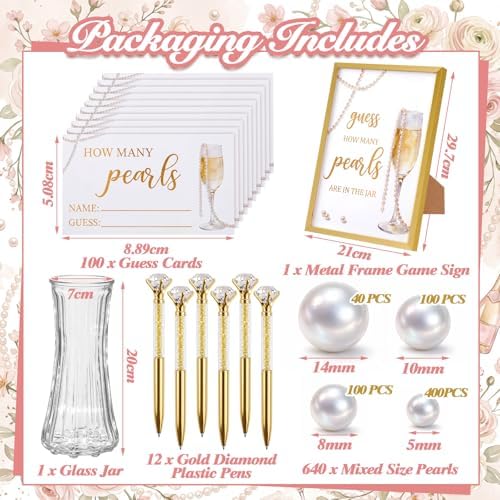 Chumia Guess How Many Pearls Set Bridal Shower Game Set Including 1 Game Sign 1 Glass Jar 12 Pens 100 Cards 640 Pearls Guess How Many Pearl in The Jar for Wedding Baby Shower Decorations for Party - Image 2