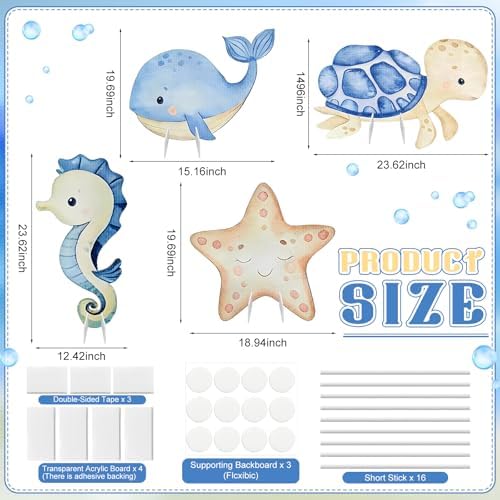 4 Pack Under the Sea Baby Shower Decorations Sea You Soon Baby Shower Decorations 23 Inch Ocean Animal Cardboard Cutout Blue Turtle Seahorse Starfish Shell Stand-ups Photo Booth Props - Image 4