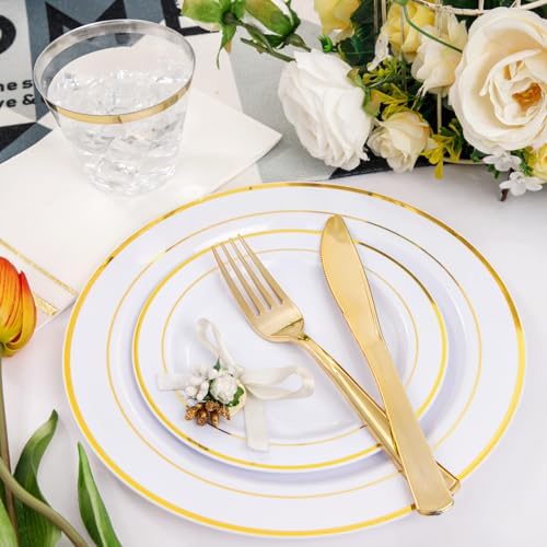 NOCCUR 700PCS Gold Plastic Plates - Gold Disposable Dinnerware Set for 100 - Include 200 Dinner/Dessert Plates, 300 Cutlery, 100 Cups, 100 Napkins, Idea for Wedding/Party/New Year - Image 3