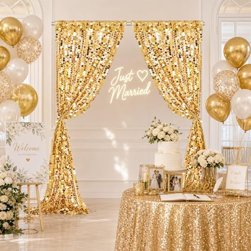 Big Payette Gold Sequin Backdrop Curtain 4 Panels 2ftx8ft Glitter Sparkly Party Background Drapes for Wedding Birthday Baby Shower Event Decoration - Image 3