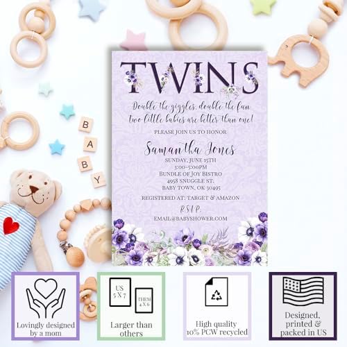 Amanda Creation Custom Baby Shower Invites Violet Baby Girl Twin Shower Invitations 20 5x7 Custom Personalized Violet Flower Baby Shower Invites With Envelopes - Image 2