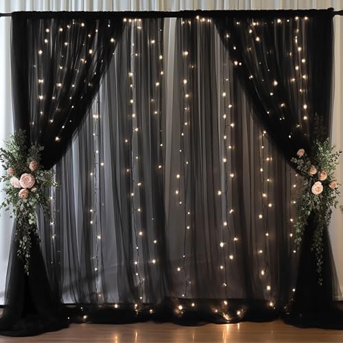 20x8ft Black Tulle Backdrop Curtain with Lights String for Parites, Sheer Backdrop Curtains for Wedding Baby Shower Birthday Party Photo Shoot Decorations by Partisky