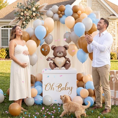 VercanMonth 28in Extra Large Baby Shower Box with Big Bear Foil Balloon and 12in Blue Brown Gold Balloon Set Jumbo Giant Gift Box Decoration Kit with Baby Stickers - Image 5
