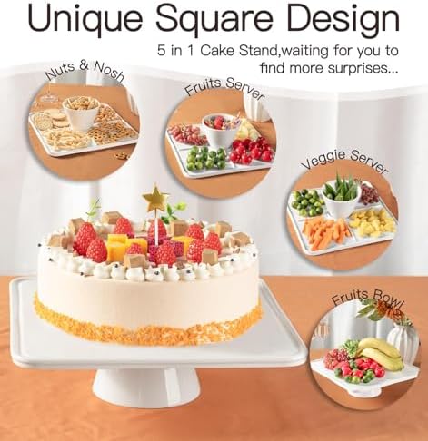 12.5" Square Ceramic Cake Stand 5-in-1 - White Pedestal Serving Platter for Wedding Birthday Party Baby Shower, Dessert Cupcake Fruit Display Stand, Multifunctional Kitchen Centerpiece - Image 4