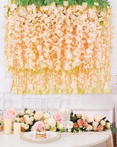 Waipfaru 24 Pack Wisteria Hanging Flowers, 3.6 Feet Champagne Wisteria Artificial Flowers, Artificial Fake Flower Garland, Hanging Vines for Bedroom Wedding Home Party Wall Decor (Champagne, 24pcs) - Image 6
