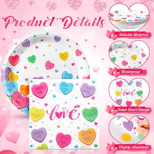 Ziliny 171 Pcs Valentine's Day Party Decorations Serve 24, Conversation Hearts Paper Plates Napkins Cup Banner Tablecloth Cutlery Valentine Galentine Day Anniversary Wedding Baby Shower Party Supplies - Image 4