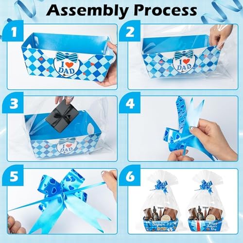 OSNIE Dad Empty Gift Baskets for Father's Day - 24 Sets Happy Father’s Day Blue Basket Bulkor Gifts Empty with Cellophane Basket Bags Ribbons Bows, Dad Theme Party Favors for Anniversary Birthday - Image 3