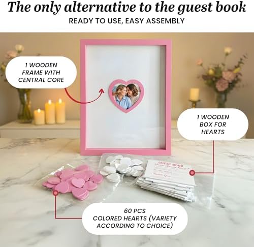 Wedding Guest Book Alternative for Reception with Hearts Guest Book Wedding Reception a Frame Sign Decor Books Recuerdos para Boda Baby Scrapbook Wooden Frames (Pink) - Image 4
