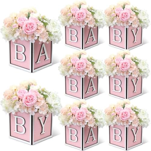 8 Set Baby Shower Centerpieces for Tables - 6 inch Wooden Boxes with Baby Letters Rustic Cube Planter Wood Blocks for Gender Reveal Party Favor (Pink) by ACMEE