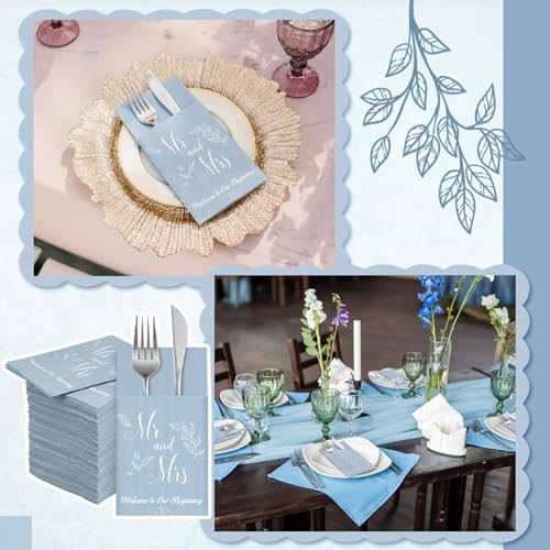 Potchen 100 Pcs Linen Feel Napkins Disposable, Blue Mr and Mrs - Image 5