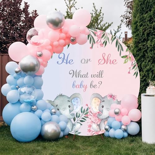 AOFOTO 7.5x7.5ft Gender Reveal Round Backdrop Cover Cartoon Baby Elephant Rustic Flower Leaf Printed Photography Background What Will Baby Be He or She Pink Blue Pregnant Mom Surprise Party Decor - Image 5