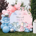 AOFOTO 6x6ft Gender Reveal Round Backdrop Cover Cartoon Baby Elephant Rustic Flower Leaf Printed Photography Background What Will Baby Be He or She Pink Blue Pregnant Mom Surprise Party Decor - Image 5