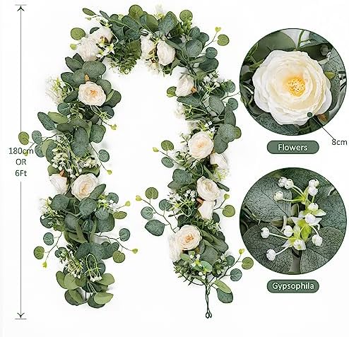 TOCHGREEN 4 Pack Artificial Eucalyptus Flower Garland with White Roses - Image 4