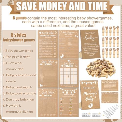 Funnymoom 426 Piece Kraft Baby Shower Games Set 8 Games for 50 Guests - Image 4