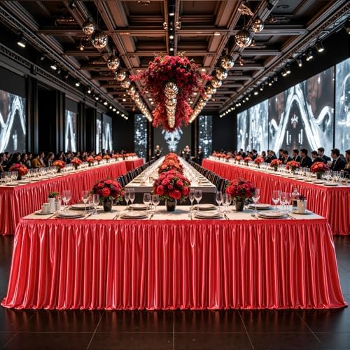 17ft Length Red Satin Table Skirt for Rectangle Tables, Wrinkle Resistant Pleated Ruffle Table Cloth Glitter Desk Skirting for Weddings Banquet Birthday Party Bridal Shower Decorations by Partisky