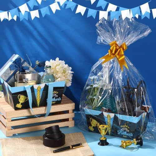 Funnymoom 24 Pcs Happy Father's Day Basket for Gifts Empty 9.8x6.5'' Blue Black Men's Suits Dad Gift Market Tray Cardboard Basket with Handle, Transparent Bag and Gold Bows for Holiday Birthday Party - Image 2