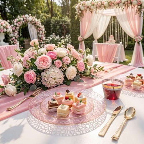 175PCS Pink Plastic Plates for 25 Guests, Disposable Plates for Party, Heavy Duty Disposable Plate Set Include: 25 Dinner Plates, 25 Dessert Plates, 25 Cups and Cutlery for Mother's Day - Image 5