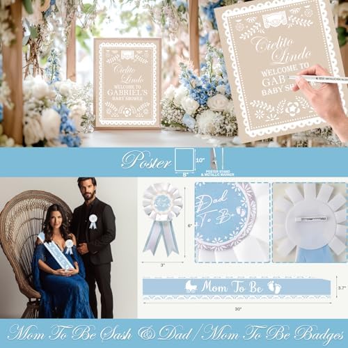 Cielito Lindo Baby Shower Decorations for Boys – 120PCs Cielito Lindo Party Supplies with Mexican Fiesta Boho Style Backdrop, Blue White Balloon Garland, Poster, Box, Sash and Badge - Image 5