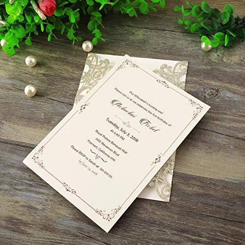 Hosmsua 20PCS Glitter Laser Cut Flora Wedding Invitation with Ribbons and Envelopes 5.12 x 7.3'' Laser Cut Invitation for Wedding Bridal Shower Engagement Sweet 16 Birthday (Champagne Glitter) - Image 7
