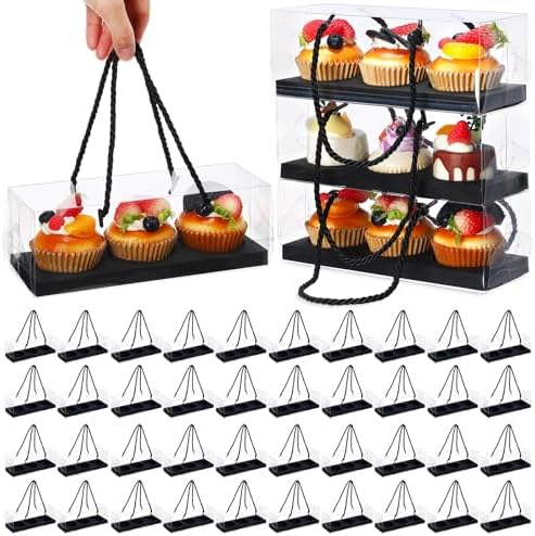 Thenshop 40 Pcs Clear Cupcake Boxes 9x3x3 in 3 Compartment Holder,Black by Thenshop