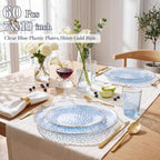 Rubtlamp 60Pcs Clear Blue Plastic Plates, Hammered Blue Plates, Clear Fancy Disposable Plates With Gold Rim Include 30 Dessert Plates, 30 Dinner Plates for Party - Image 3