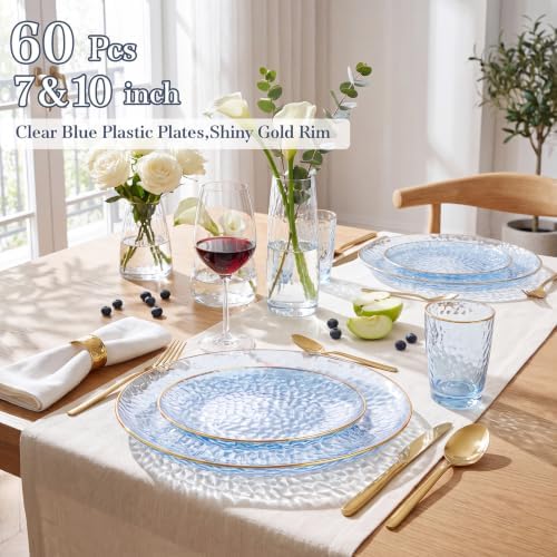 Rubtlamp 60Pcs Clear Blue Plastic Plates, Hammered Blue Plates, Clear Fancy Disposable Plates With Gold Rim Include 30 Dessert Plates, 30 Dinner Plates for Party - Image 3