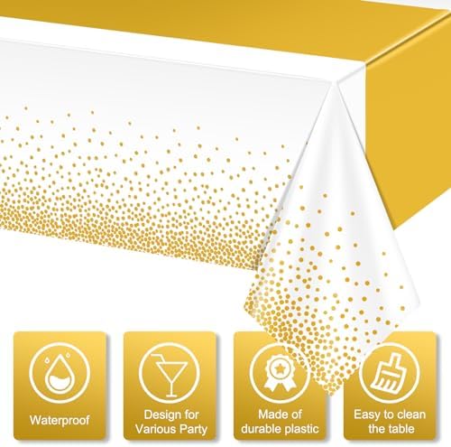 12Pcs White and Gold Tablecloth Party Decorations,Plastic White Table Cloth Printed Gold Table Runner Disposable Rectangle Tables Cover for Birthday Wedding Anniversary Graduation Party,54 x108 Inch - Image 4