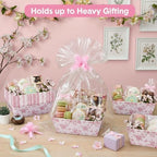 ForraFun 12 Pcs Pink Floral Baskets for Gifts Empty with Plastic Bag Ribbon Bow 8x10'' Pink White Cardboard Gift Wrapping Basket with Handle to Fill for Spring Wedding Bridal Birthday Party Supplies - Image 4