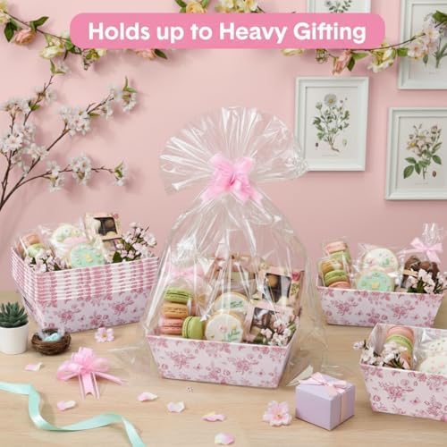 ForraFun 12 Pcs Pink Floral Baskets for Gifts Empty with Plastic Bag Ribbon Bow 8x10'' Pink White Cardboard Gift Wrapping Basket with Handle to Fill for Spring Wedding Bridal Birthday Party Supplies - Image 4