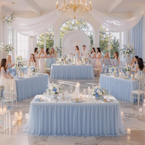 familus Dusty Blue Table Cloths 6 Foot Rectangle 2 Pack Stretch Ruffle Tulle Tablecloth Spandex Fitted Table Cover for 6 Foot Tulle Table Skirts for Party Wedding Table Cloths, Banquets - Image 5