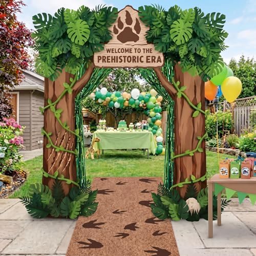 Haull 7 Pcs Dinosaur Party Decorations Set Dino Door Porch Banners Green Foil Fringe Curtains Rug Dino Photo Booth Backdrop for Jungle Safari Dinosaur Park Entryway Decor Birthday Party Supplies - Image 5
