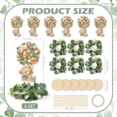 6 Set Baby Shower Bear Table Centerpieces Decortion Sage Green Bear with Eucalyptus Wreath Wood Slices Welcome Baby Table Toppers for Boy Or Girl Gender Reveal Party Favors - Image 2