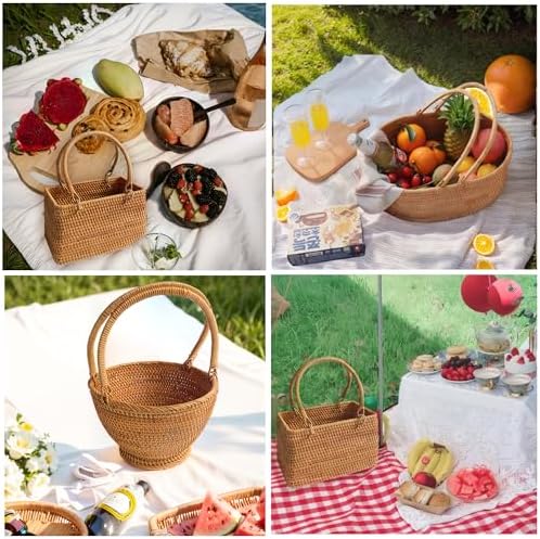 Wicker Picnic Basket with Double Folding Handles: Handmade Woven Picnic Basket, Garden Basket Harvest Basket, Natural Small Wicker Basket with Handle for Storage, Camping, Home Decor (Round Basket) - Image 6