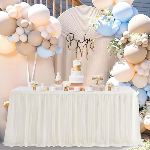 108in Ivory Tulle Table Skirts for Rectangle Tables 6/8/4ft, 2 Layer Gold Grim Ruffle Cream Tulle Tutu Table Skirt 9ft Decor Wedding Birthday Party Baby Shower Cake Dessert Tables(No Table Cover) - Image 5