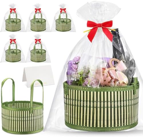 Weysat 6 Set Baskets for Gifts Empty Bulk, Large Woven Bamboo Gift Basket Kit with Handles, Bow, Wrap Bag to Fill for Raffle Thanksgiving Day Wedding Birthdays Party Wrapping (Green) by Weysat