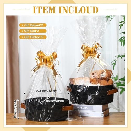 Empty Gift Basket Kit, 2-Pack Woven Storage Bin with Leather Handles Clear Cello Bags Pull Bows for Wrapping Presents Baby Shower Holiday - Image 7
