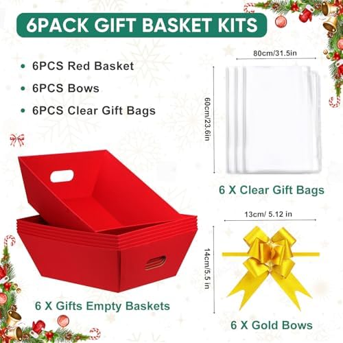 AFOROEOA 6PACK Red Baskets For Gifts Empty, 10x12”Thick Gift Basket with 6Bows 6Bags Empty Gift Baskets for Christmas, Easter, Birthdays, Valentine’s Day Wrapping Gift - Image 3