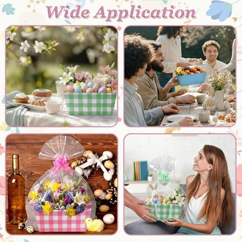 Funnymoom 24 Pcs Pastel Basket for Gifts Empty Pastel Colors Plaid Gift Basket Empty to Fill with Handle, Transparent Bag and Bow for Macaron Wedding Birthday Summer Party Favor Supplies, 9.8x6.5'' - Image 6