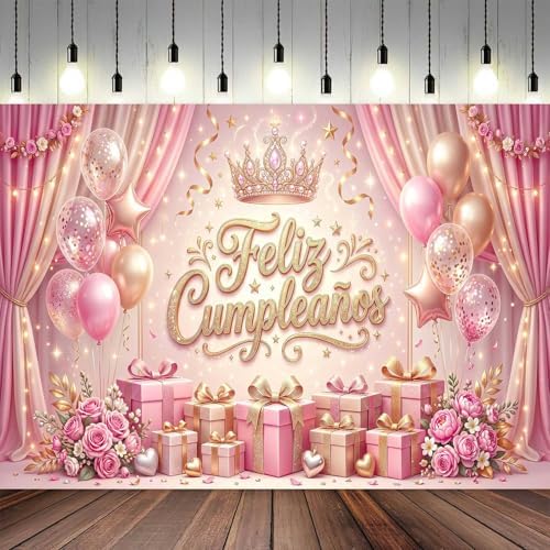 Feliz Cumpleaños Backdrop Pink Gold Balloon Crown Rose Gift Curtain Photo Background Banner for Women Girls Happy Birthday Party Photoshoot 20X10ft - Image 3