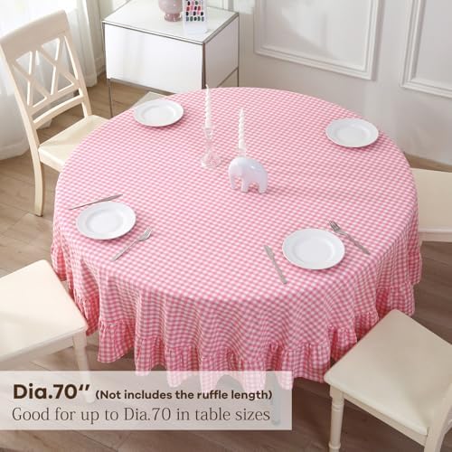 Coral Pink White Gingham Tablecloth Round Dia.70“ - Image 2