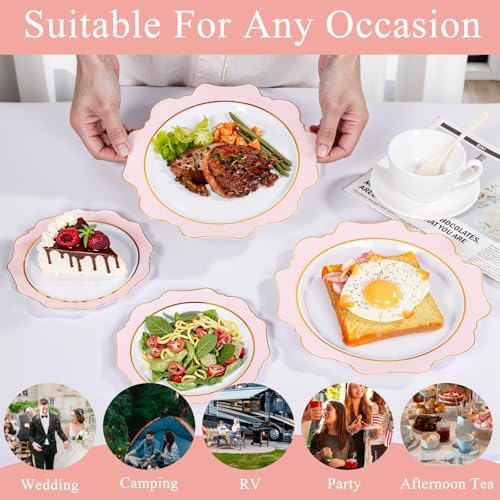 WDF 100PCS Pink Plastic Plates - Heavy Duty Pink and Gold Disposable Plates - Include 50 Dinner Plate and 50 Cake Plastic Plate for Baby Shower/Wedding/Bridal Shower/Tea Party - Image 6