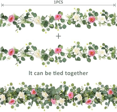 TOCHGREEN 2 Pack Artificial Eucalyptus Flower Garland with Pink White Roses - Image 5