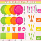 durony 350 Pieces Neon Party Supplies Paper Plates Serve 50 Guests 7 Inch 9 Inch Dinner Plates Napkins Paper Cups Cutlery Bright Color Disposable Glow Party Tableware for Fiesta Neon Birthday - Image 2