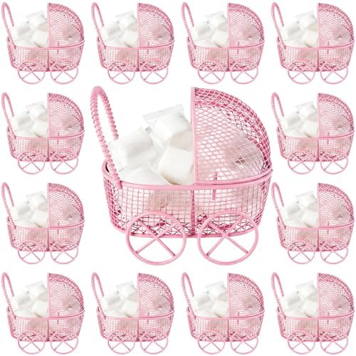 Threehoney 24 Pcs Baby Shower Mini Carriage Decoration Pink Metal Wired Fillable Candy Stroller Baby Shower Table Centerpiece for Guest Gender Reveal Wedding Party Favor Gift by Threehoney
