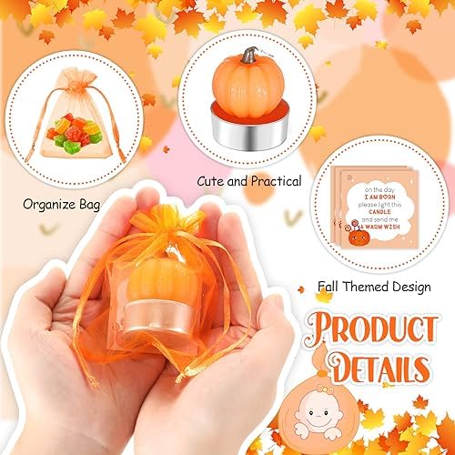 MTLEE 48 Sets Baby Shower Favors Include 48 Succulent Pumpkin Shaped Candles Fall Mini Plants Tea Lights Candles with 48 Invitations Cards and 48 Organza Bags for Baby Gender Reveal Guests(Pumpkin) - Image 5