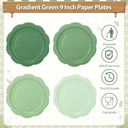 192Pcs Green Plates and Napkins Party Supplies, 9’’Disposable Green Paper Plate, Gradient Green Party Decorations Tableware Set for Birthday, Baby Shower, St Patricks, Wedding, Serves 48 - Image 3