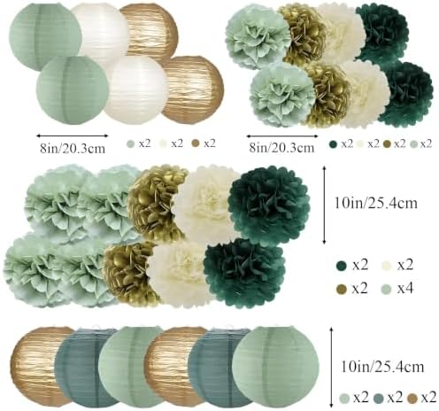Aptliton 30 Pcs Sage Green Gold White Tissue Paper Pom Poms & Lanterns - Image 7