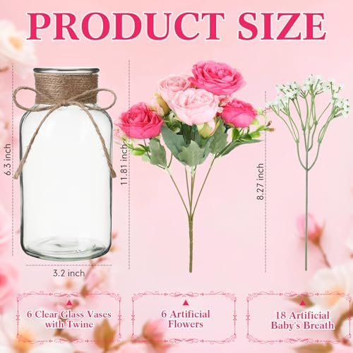 Zeyune 6 Sets Mason Jar Table Centerpiece with Artificial Peony Baby's Breath Flower Centerpieces Faux Flowers with Rope for Wedding Reception Engagement Bridal Shower Rustic Table Decor(Pink) - Image 4