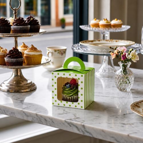 Restaurantware Pastry Tek 4.5 Inch Individual Cupcake Boxes 100 Polka Dots Cupcake Favor Boxes - Fits 1 With Window Green Paper Cupcake Gift Boxes Built In Handle For Weddings Or Parties - Image 3
